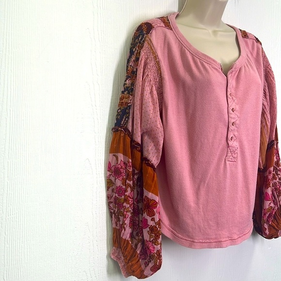Free People - Light Magic Boho Pink Vintage Button  Henley Blouse Size Medium - Picture 4 of 14